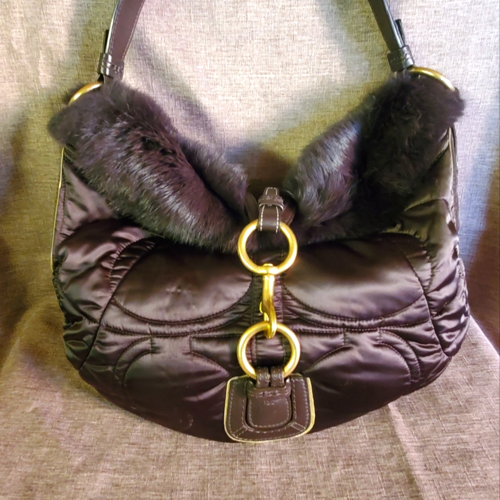 Coach Limited Edition Brown Rabbit Fur Signature Quilted Nylon Hobo Shoulder Bag